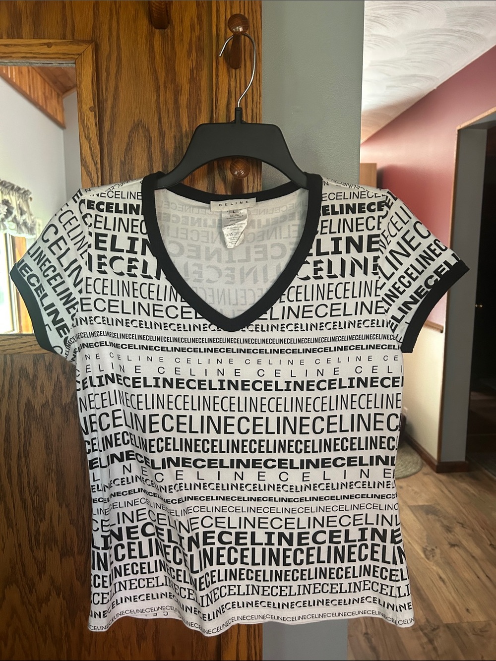 Celine Black & White Logo-Repeat V-Neck Tee